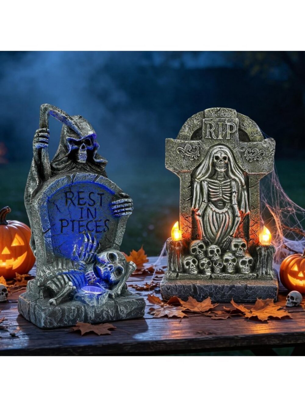 HUYIENO 2 Mixed Solar Halloween Decorations Outdoor - Resin Tombstone RIP